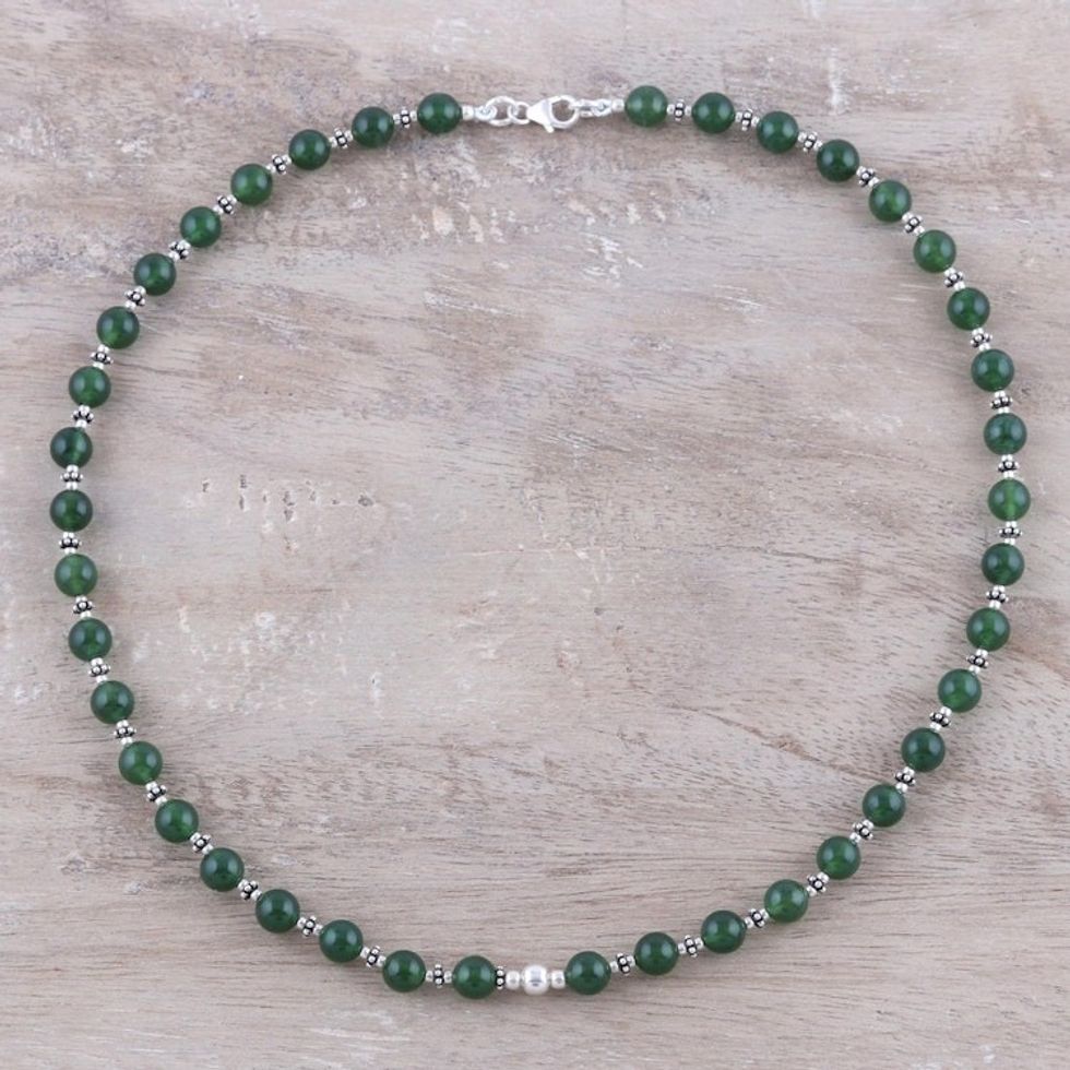 Green Onyx and Sterling Silver Beaded Necklace from India 'Beaded Beauty'