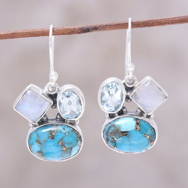 Alternate image for Blue Topaz and Rainbow Moonstone Dangle Earrings from India Crystalline Waters