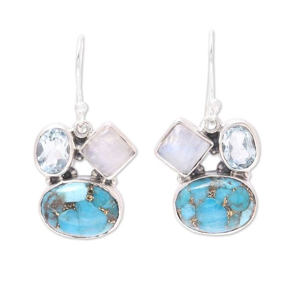 Alternate image for Blue Topaz and Rainbow Moonstone Dangle Earrings from India Crystalline Waters