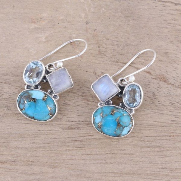 Alternate image for Blue Topaz and Rainbow Moonstone Dangle Earrings from India Crystalline Waters