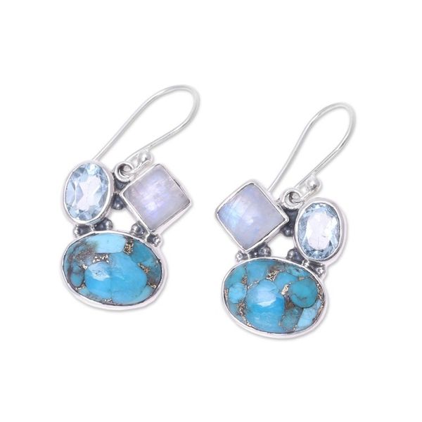 Alternate image for Blue Topaz and Rainbow Moonstone Dangle Earrings from India Crystalline Waters