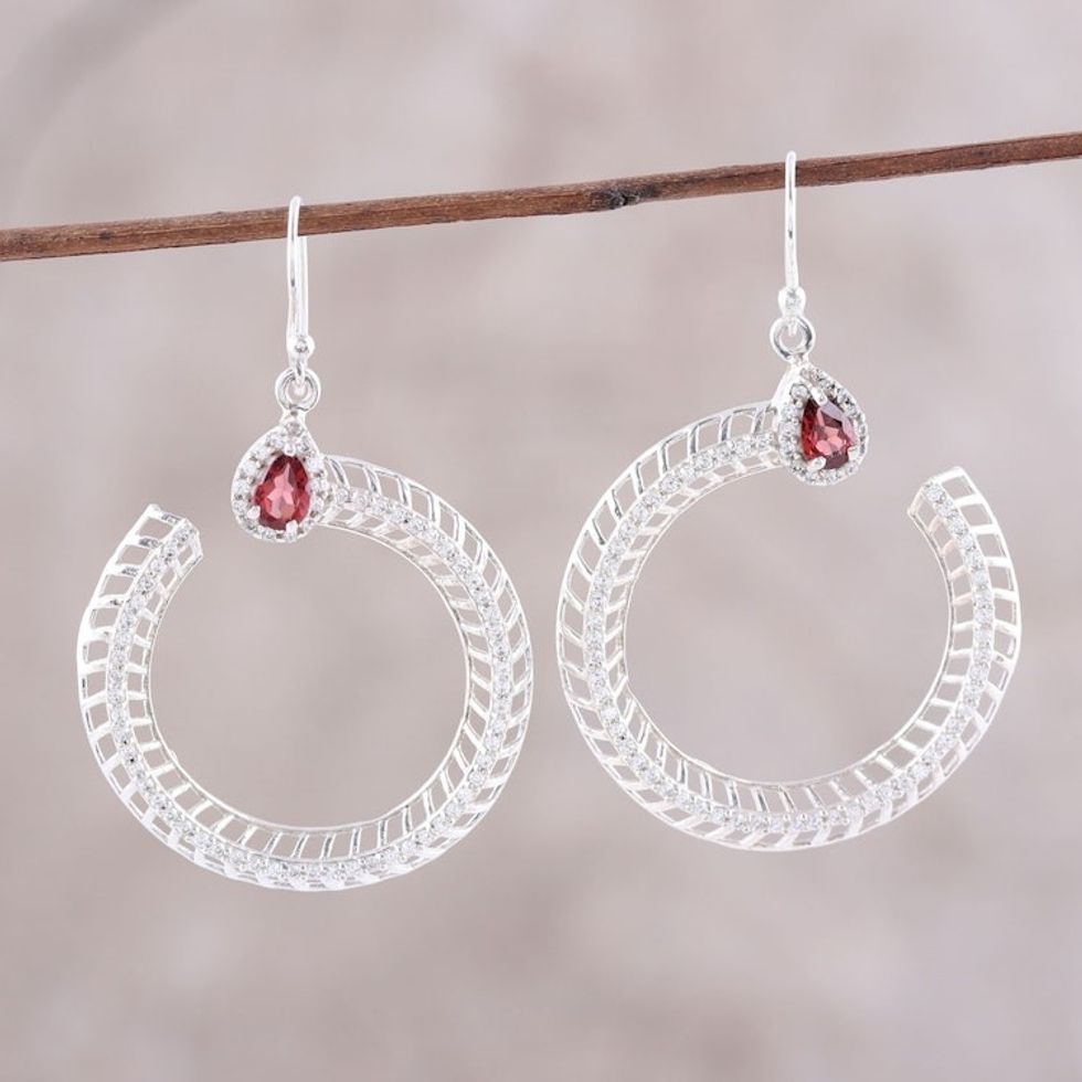 Garnet and CZ Dangle Earrings from India 'Radiant Crescent'
