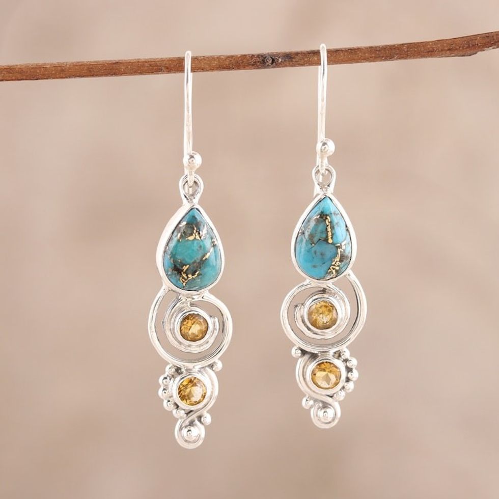Citrine and Composite Turquoise Dangle Earrings from India 'Glistening Curl'