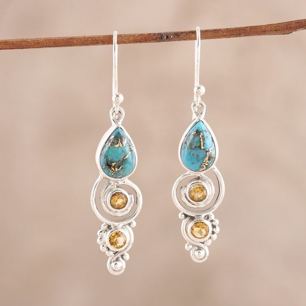 Alternate image for Citrine and Composite Turquoise Dangle Earrings from India Glistening Curl