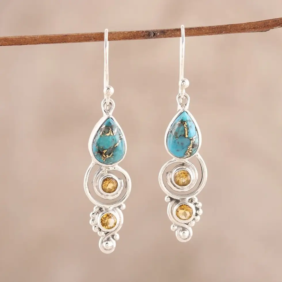 Citrine and Composite Turquoise Dangle Earrings from India 'Glistening Curl'