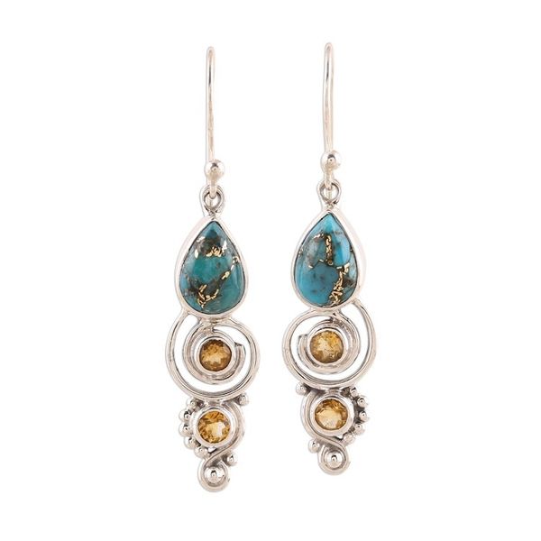 Alternate image for Citrine and Composite Turquoise Dangle Earrings from India Glistening Curl