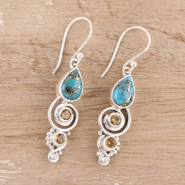Alternate image for Citrine and Composite Turquoise Dangle Earrings from India Glistening Curl