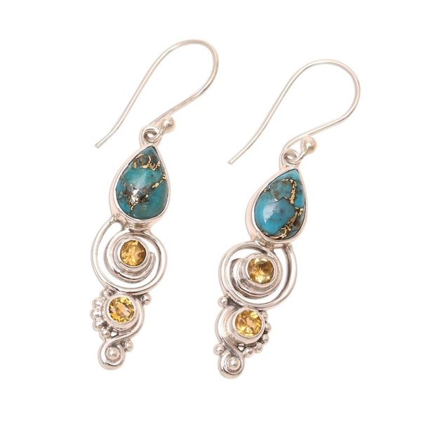 Alternate image for Citrine and Composite Turquoise Dangle Earrings from India Glistening Curl