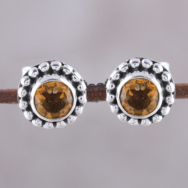 Alternate image for Round Citrine and Sterling Silver Dot Motif Stud Earrings Glistening Sunshine