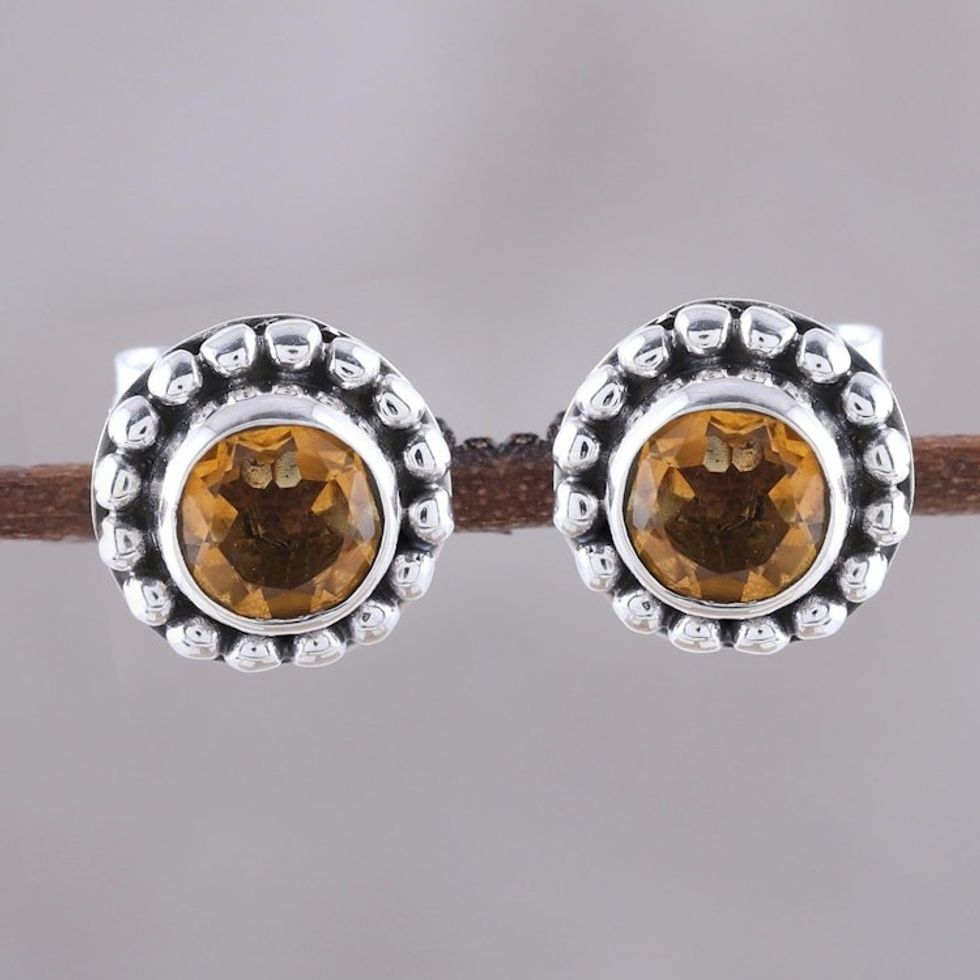 Round Citrine and Sterling Silver Dot Motif Stud Earrings 'Glistening Sunshine'