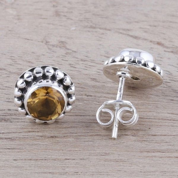 Alternate image for Round Citrine and Sterling Silver Dot Motif Stud Earrings Glistening Sunshine
