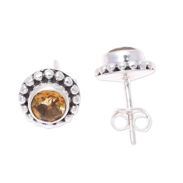 Alternate image for Round Citrine and Sterling Silver Dot Motif Stud Earrings Glistening Sunshine