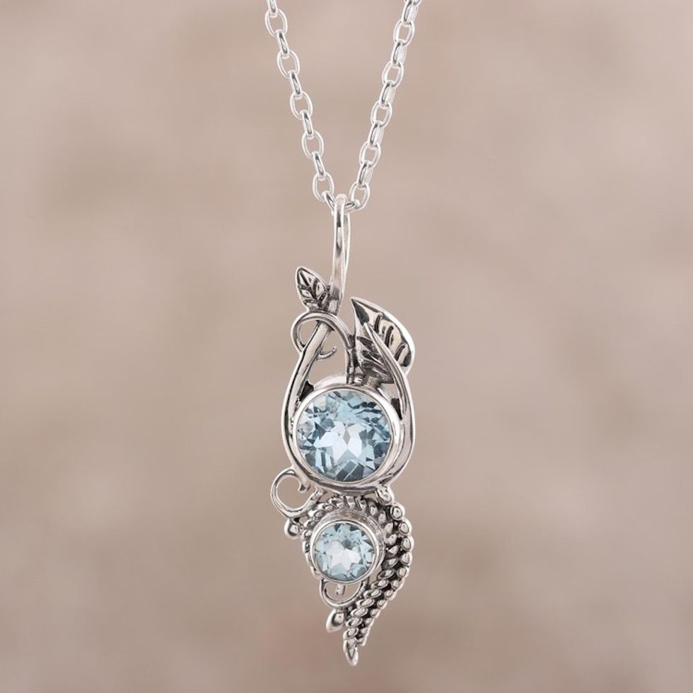Leafy Blue Topaz Pendant Necklace from India 'Classic Glory'