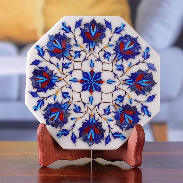 Alternate image for Marble Inlay Decorative Plate with Blue Floral Motifs Floral Imagination