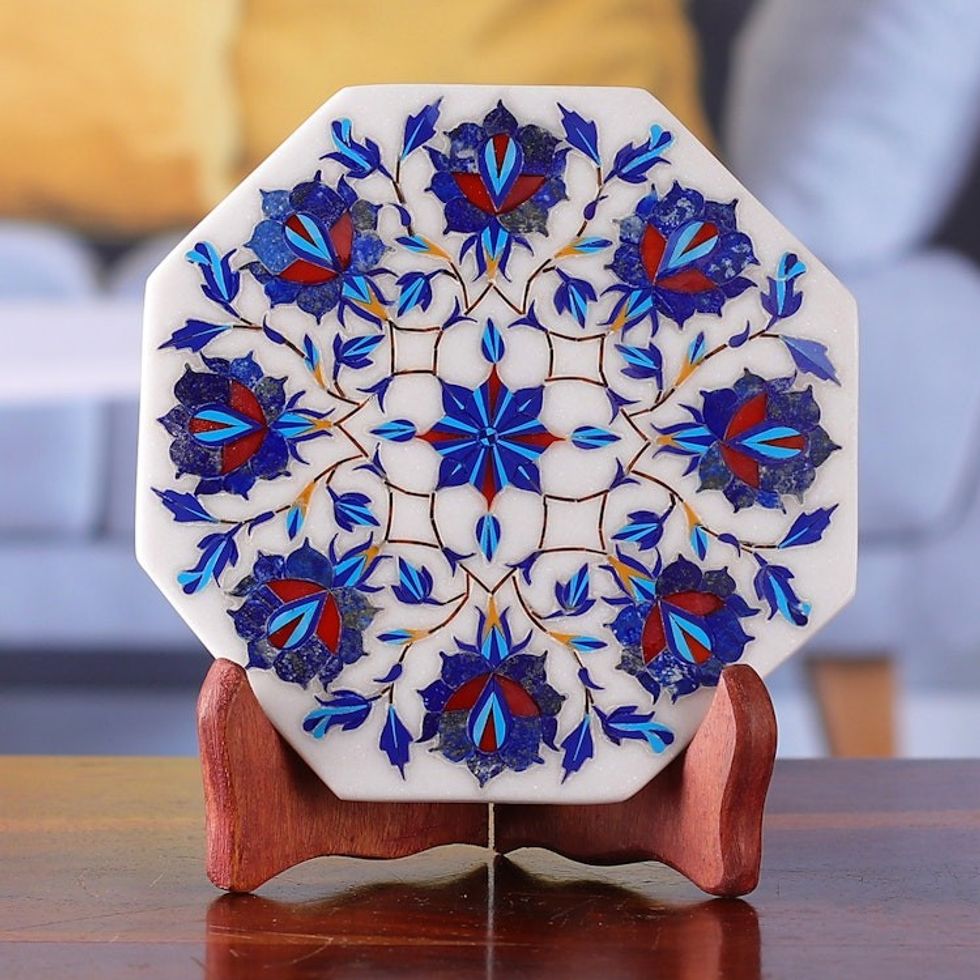 Marble Inlay Decorative Plate with Blue Floral Motifs 'Floral Imagination'
