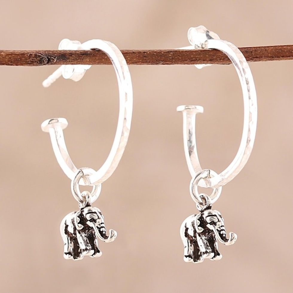 Sterling Silver Elephant Dangle Earrings from India 'Swaying Elephants'