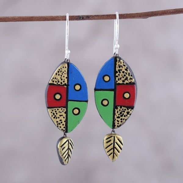 Alternate image for Leaf-Themed Ceramic Dangle Earrings Crafted in India Blissful Colors