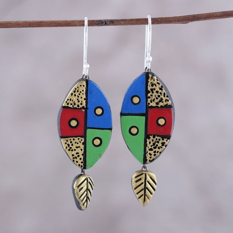 Leaf-Themed Ceramic Dangle Earrings Crafted in India 'Blissful Colors'