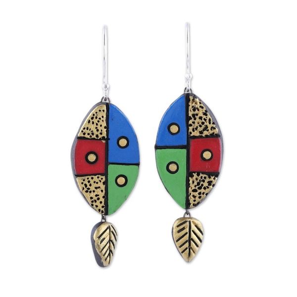 Alternate image for Leaf-Themed Ceramic Dangle Earrings Crafted in India Blissful Colors