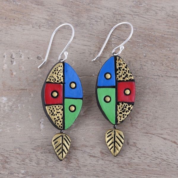 Alternate image for Leaf-Themed Ceramic Dangle Earrings Crafted in India Blissful Colors