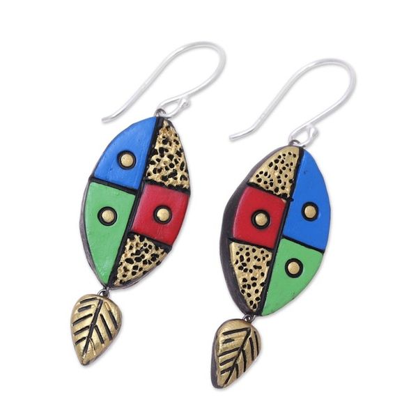 Alternate image for Leaf-Themed Ceramic Dangle Earrings Crafted in India Blissful Colors