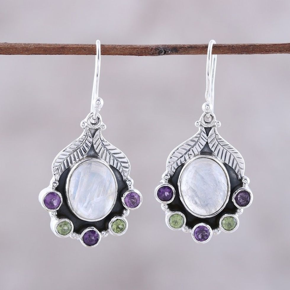 Rainbow Moonstone Peridot and Amethyst Dangle Earrings 'Leaves of Glamour'