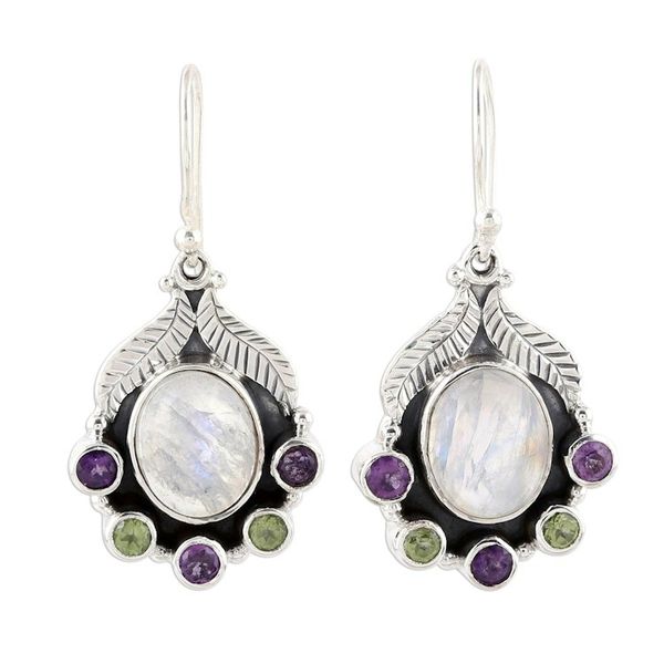 Alternate image for Rainbow Moonstone Peridot and Amethyst Dangle Earrings Leaves of Glamour