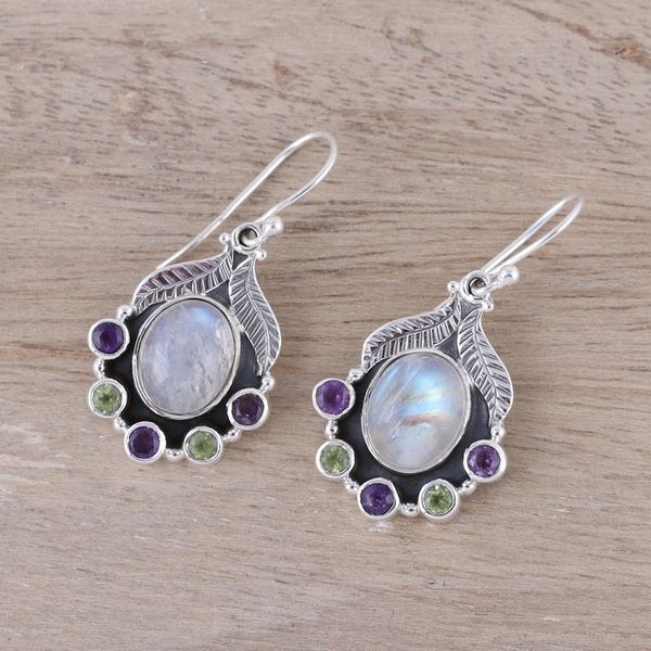Alternate image for Rainbow Moonstone Peridot and Amethyst Dangle Earrings Leaves of Glamour
