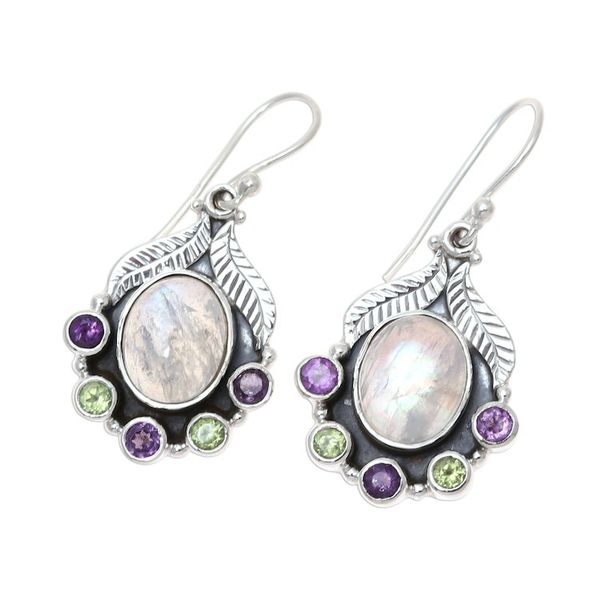 Alternate image for Rainbow Moonstone Peridot and Amethyst Dangle Earrings Leaves of Glamour