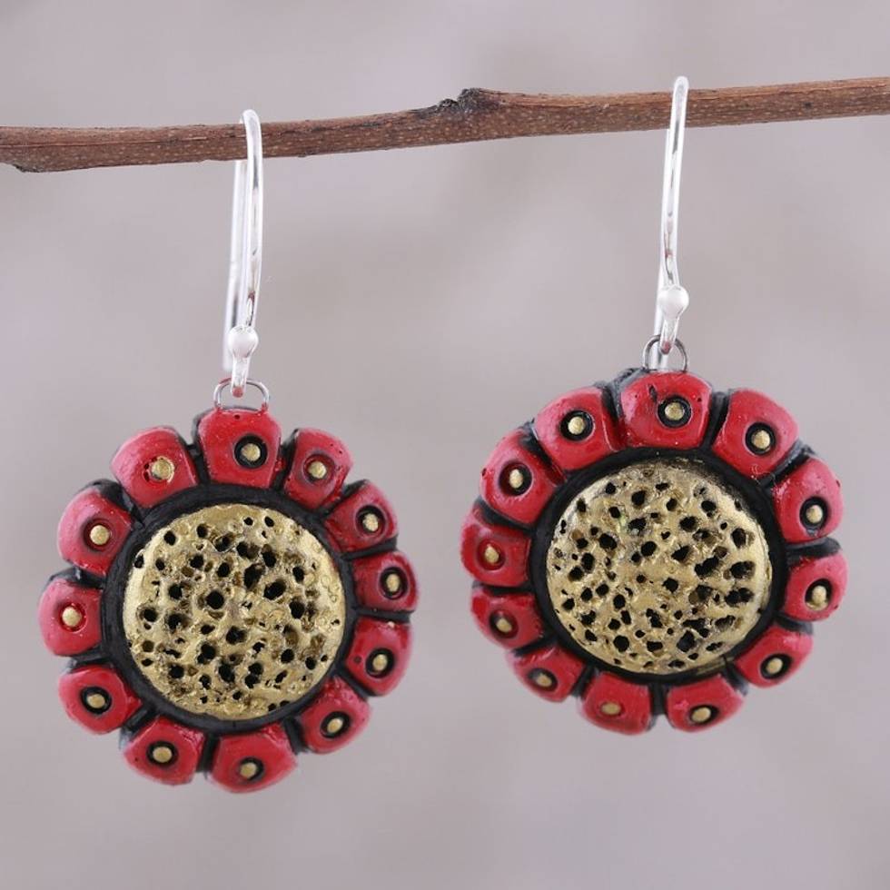 Handcrafted Red and Gold Ceramic Sunflower Dangle Earrings 'Modern Sunflower'