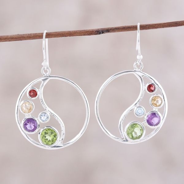 Alternate image for Circular Multi-Gemstone Dangle Earrings from India Sparkling Loop