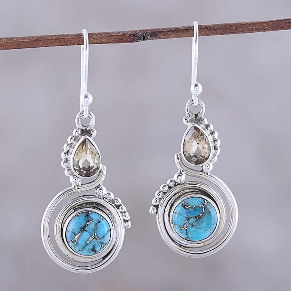 Citrine and Composite Turquoise Dangle Earrings from India 'Magic Alliance'