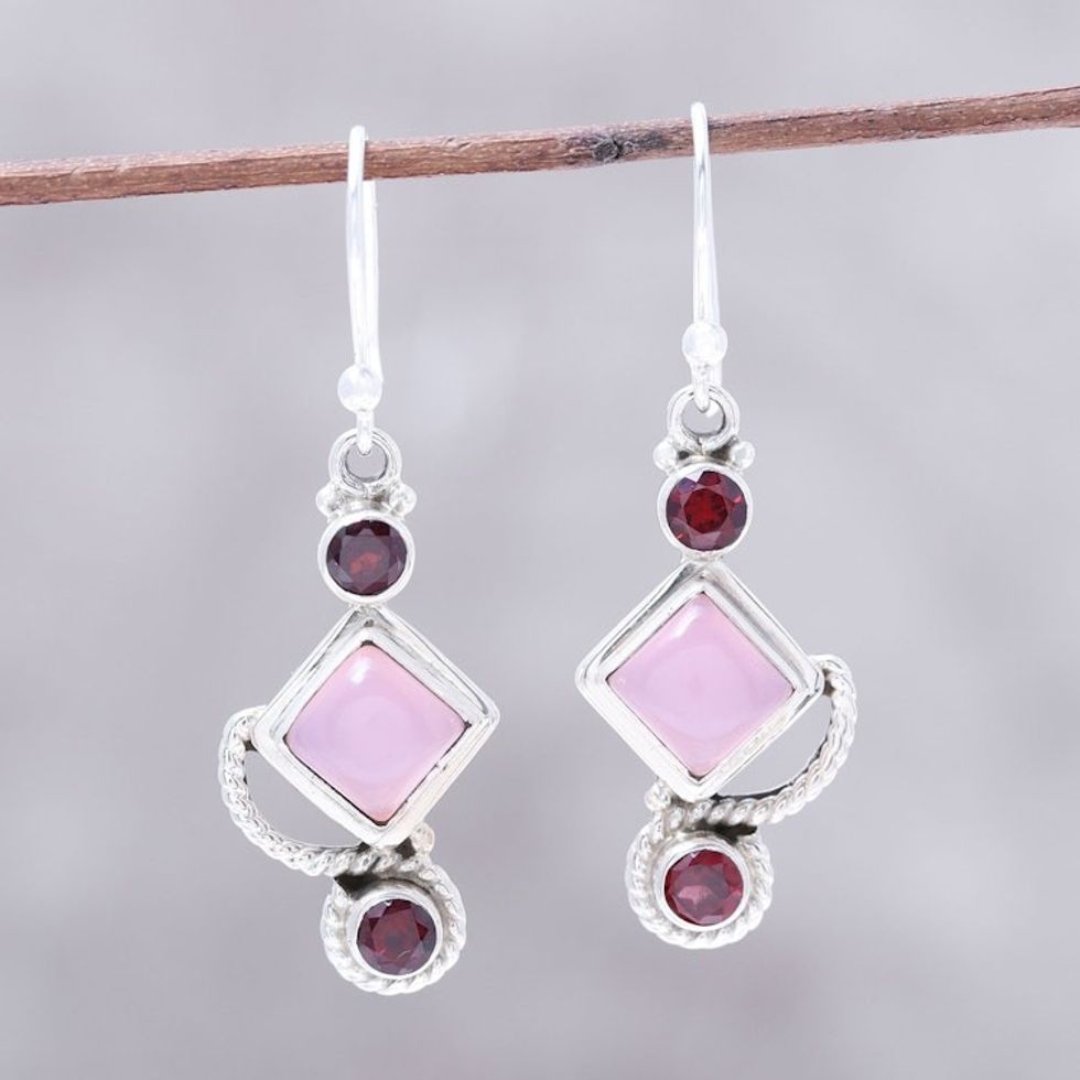 Garnet and Pink Chalcedony Dangle Earrings Handmade in India 'Beauty of the Horizon'