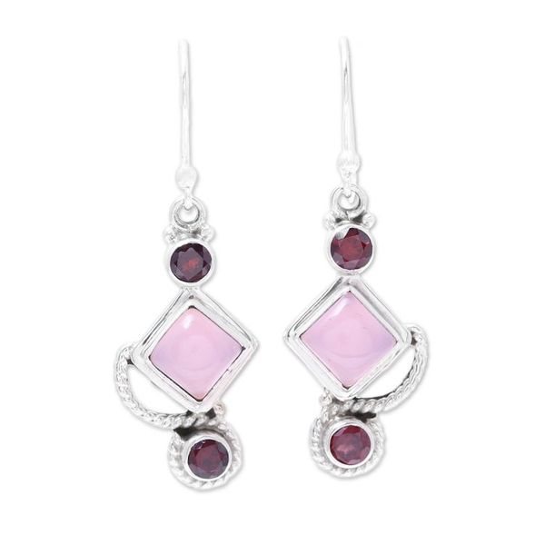 Alternate image for Garnet and Pink Chalcedony Dangle Earrings Handmade in India Beauty of the Horizon