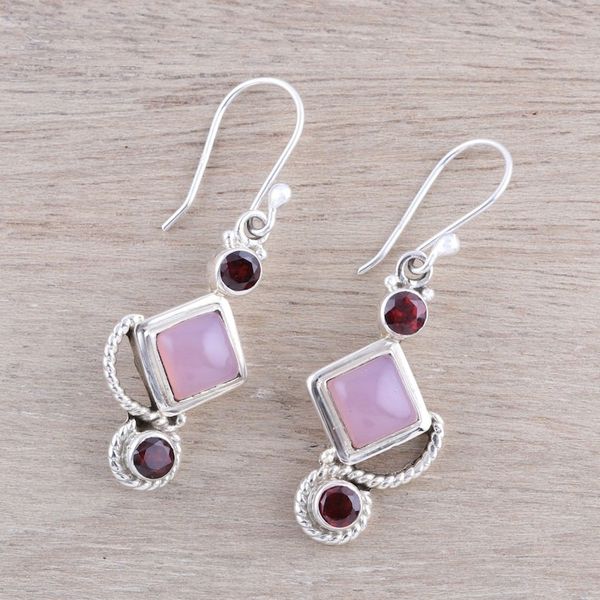 Alternate image for Garnet and Pink Chalcedony Dangle Earrings Handmade in India Beauty of the Horizon