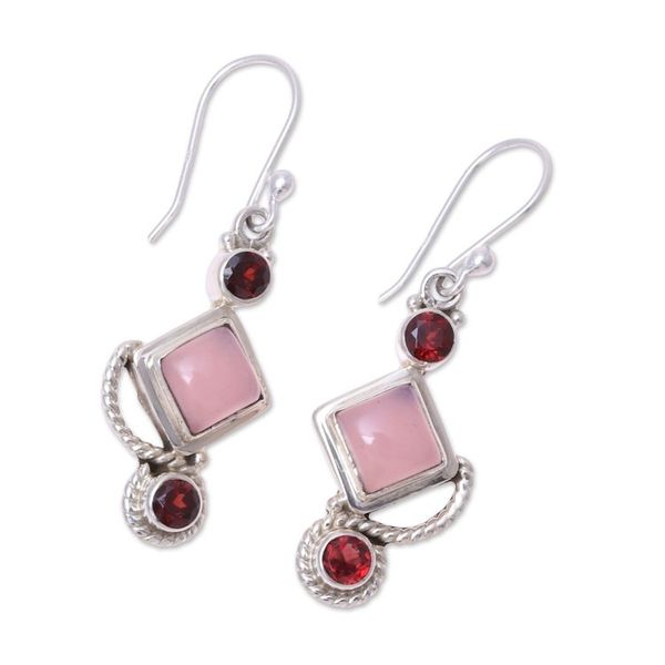 Alternate image for Garnet and Pink Chalcedony Dangle Earrings Handmade in India Beauty of the Horizon