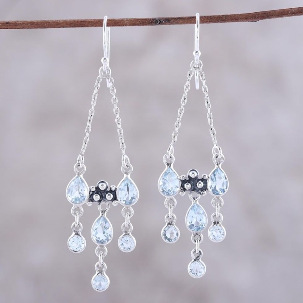 Sterling Silver and Blue Topaz Dotted Chandelier Earrings 'Glittering Dance'