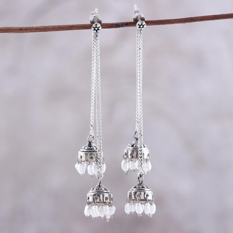 Sterling Silver and Cultured Pearl Jhumki Earrings 'Wedding Bells'