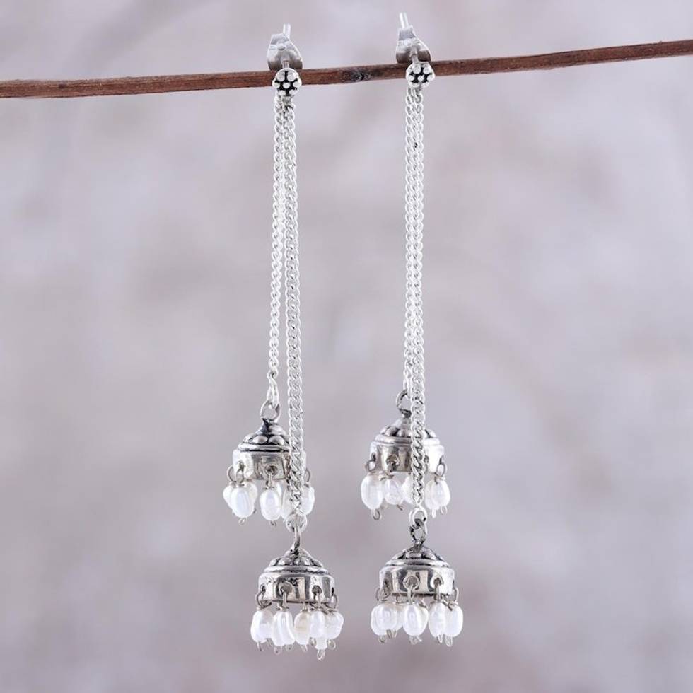 Sterling Silver and Cultured Pearl Jhumki Earrings 'Wedding Bells'
