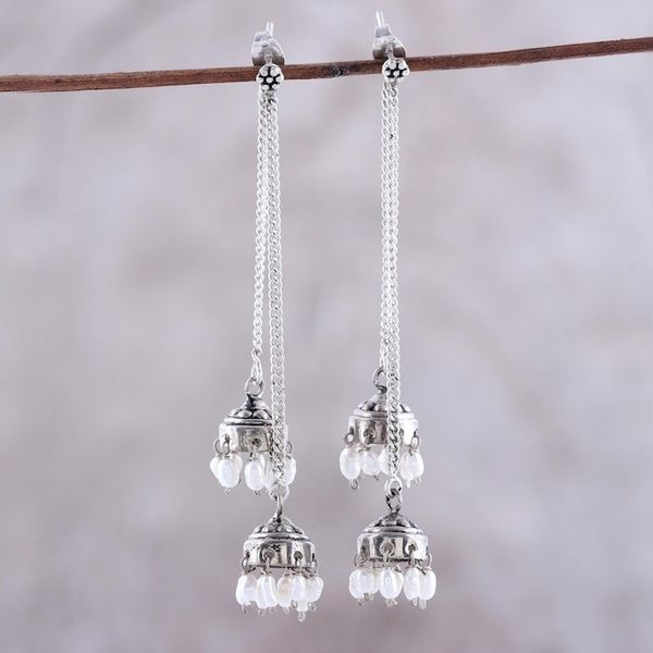 Alternate image for Sterling Silver and Cultured Pearl Jhumki Earrings Wedding Bells