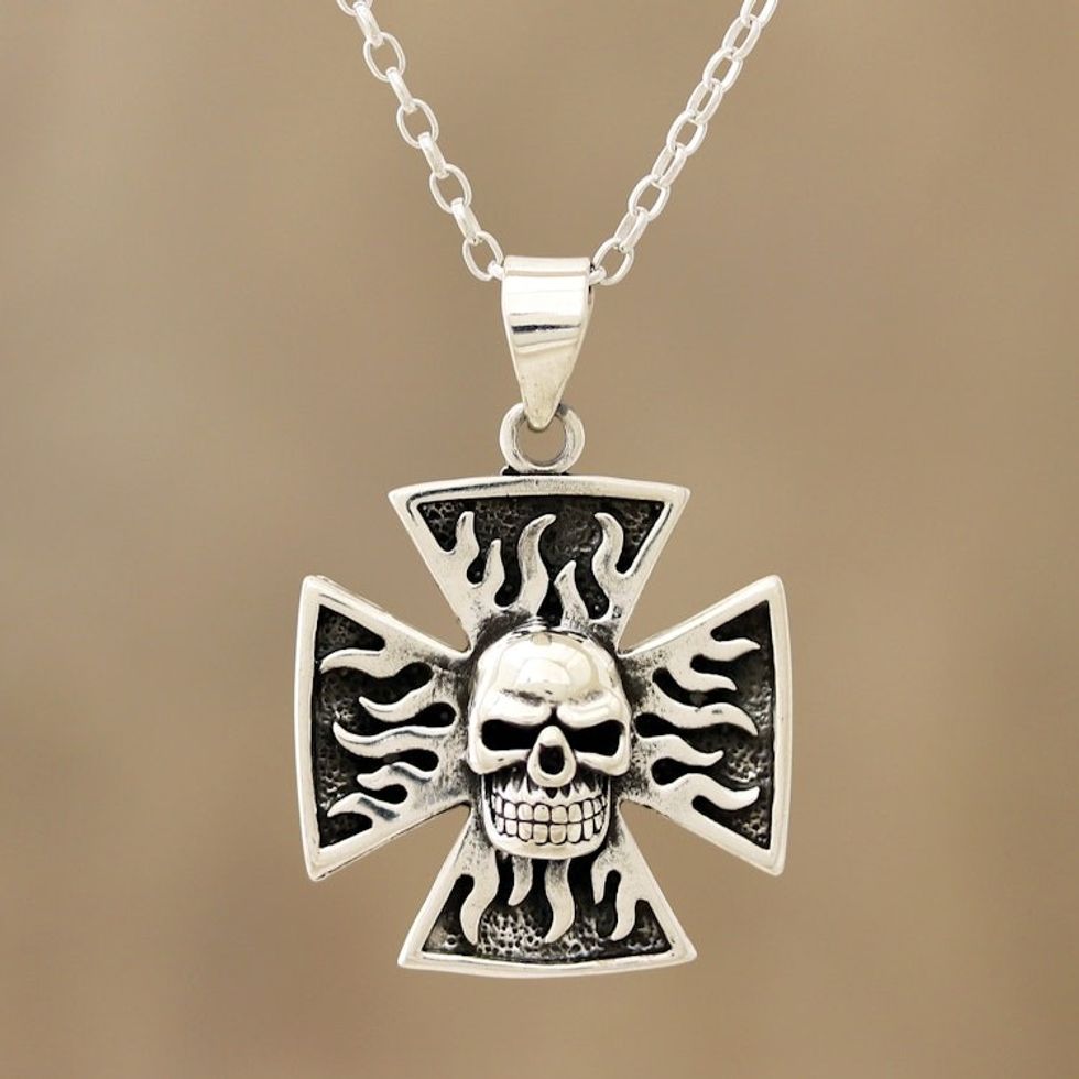 Sterling Silver Skull Cross Pendant Necklace from India 'Fiery Skull Cross'