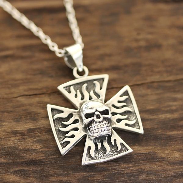 Alternate image for Sterling Silver Skull Cross Pendant Necklace from India Fiery Skull Cross
