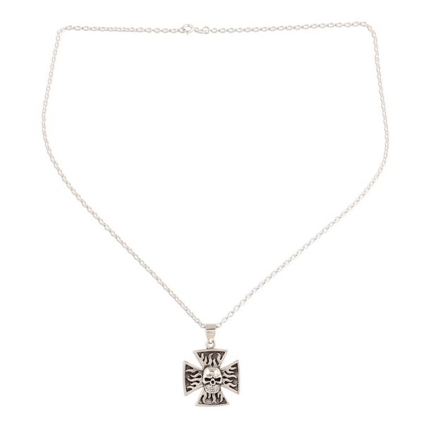 Alternate image for Sterling Silver Skull Cross Pendant Necklace from India Fiery Skull Cross