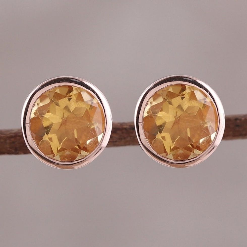 22k Rose Gold Plated Faceted Citrine Stud Earrings 'Sparkling World'
