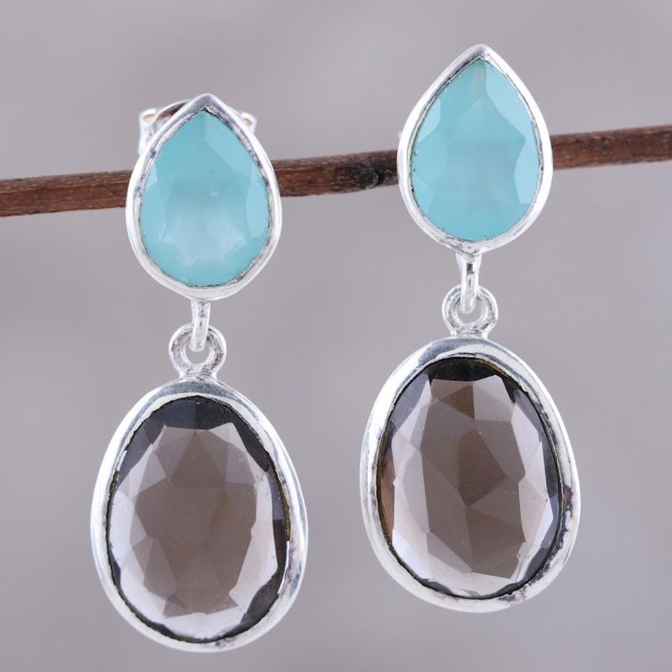 Smoky Quartz and Chalcedony Sterling Silver Dangle Earrings 'Dip Into Dusk'
