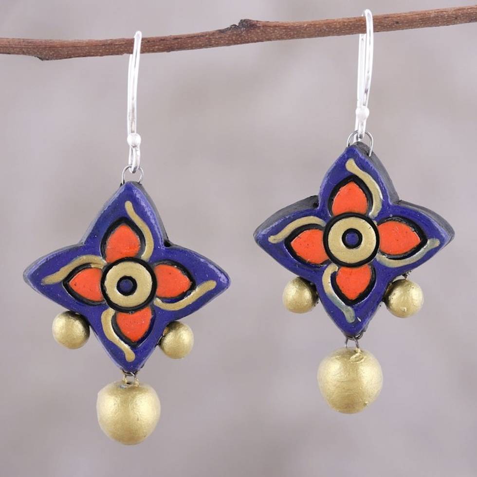 Handcrafted Purple and Gold Ceramic Pinwheel Dangle Earrings 'Bold Pinwheels'