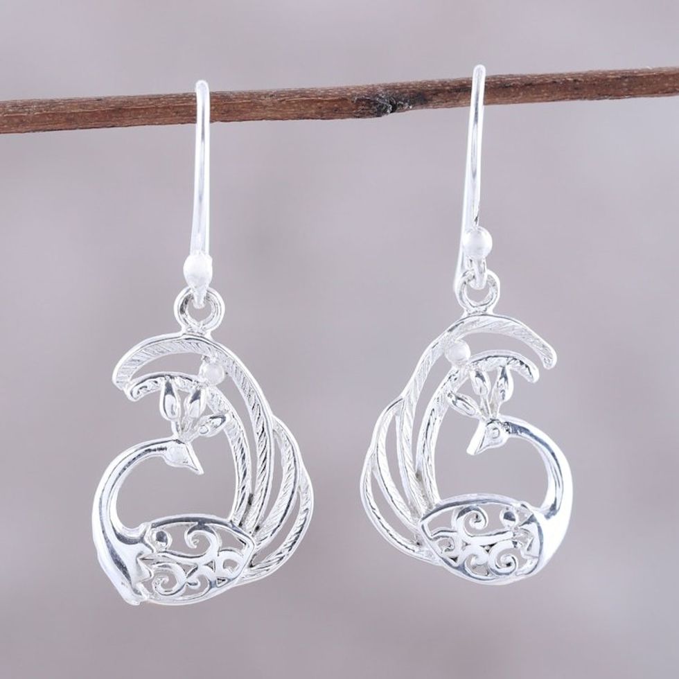 Sterling Silver Peacock Dangle Earrings from India 'Peacock Delight'