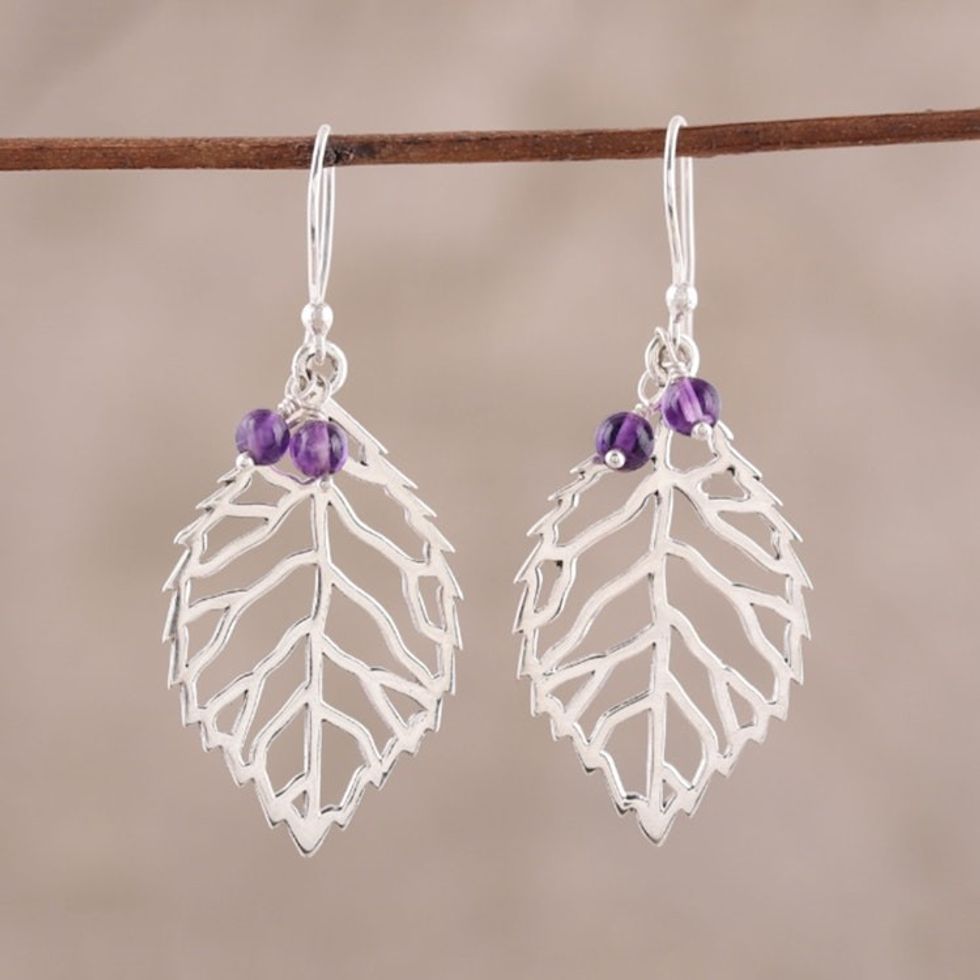 Leaf-Shaped Sterling Silver and Amethyst Dangle Earrings 'Leafy Desire'