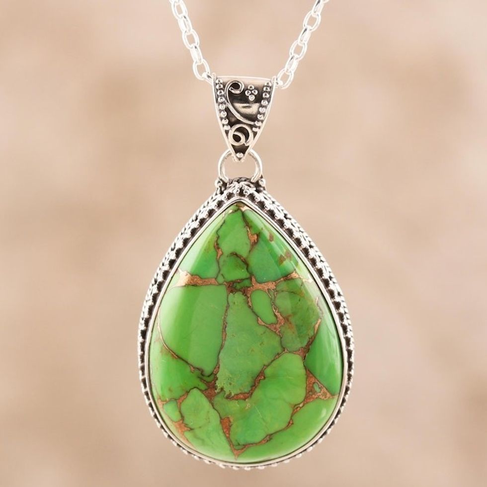 Teardrop Composite Turquoise and Sterling Silver Necklace 'Green Bliss'