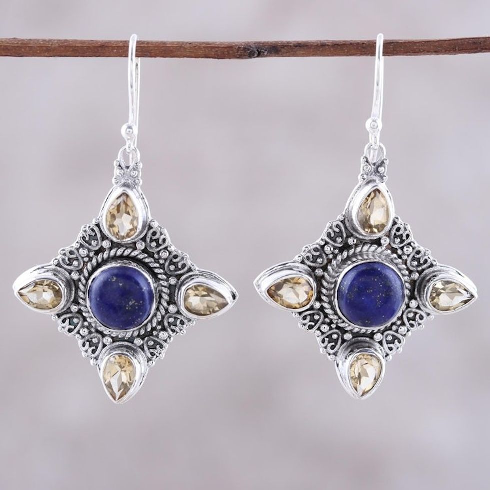 Lapis Lazuli and Citrine Dangle Earrings from India 'Eternal Delight'